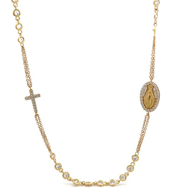 18CT ROSARY NECKLACE YELLOW GOLD CUBIC ZIRCONIA AND MIRACULOUS MEDAL AND CROSS D&G STYLE MADE IN ITALY