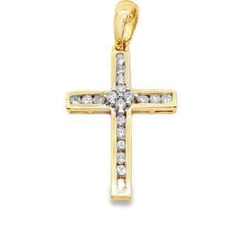 9CT CROSS YELLOW GOLD BRILLIANT CUT DIAMONDS CHANNEL AND CLAW SET IMPORTED