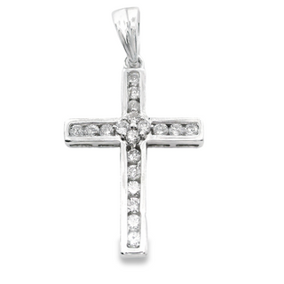 9CT CROSS WHITE GOLD BRILLIANT CUT DIAMONDS CHANNEL AND CLAW SET IMPORTED
