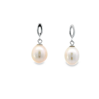 9CT PEARL EARRINGS WHITE GOLD DROP FRESH WATER PEARLS WHITE OVAL SHAPE IMPORTED