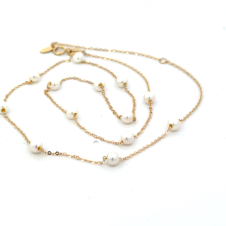 18CT CULTURED PEARL YELLOW GOLD NECKLACE 13 ROUND PEARLS BELCHA LINK CHAIN IMPORTED