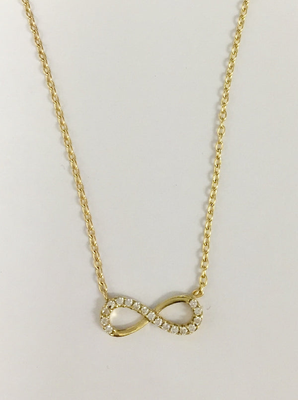 9CT YELLOW GOLD INFINITY NECKLACE CLAW SET CUBIC ZIRCONIA STONES ITALIAN MADE