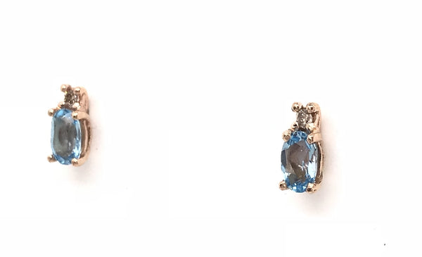 9CT ROSE GOLD STUD EARRINGS CLAW SET NATURAL OVAL BLUE TOPAZ AND BRILLIANT CUT DIAMONDS HAND CRAFTED