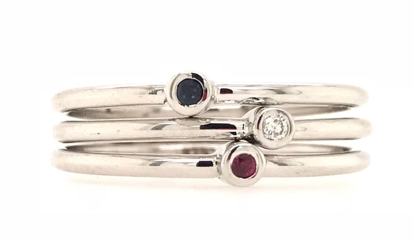 9CT WHITE GOLD BIRTHSTONE STACKABLE GYPSY SET RING BRILLIANT CUT DIAMOND CHILD TO ADULT HAND CRAFTED