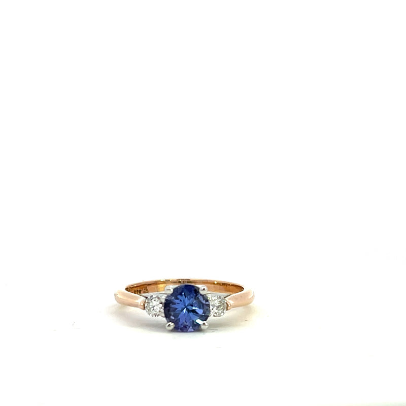 9CT ROSE AND WHITE GOLD TRILOGY RING CLAW SET BRILLIANT CUT NATURAL TANZANITE  AND BRILLIANT CUT DIAMONDS HAND CRAFTED