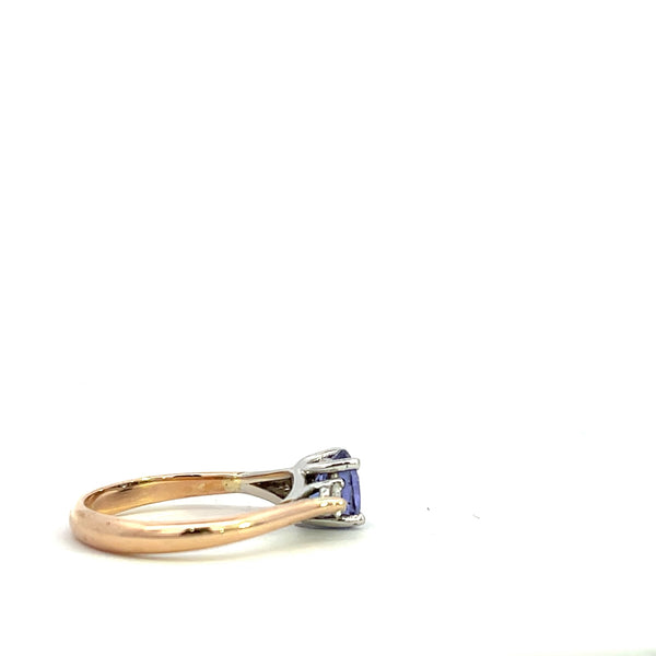 9CT ROSE AND WHITE GOLD TRILOGY RING CLAW SET BRILLIANT CUT NATURAL TANZANITE  AND BRILLIANT CUT DIAMONDS HAND CRAFTED