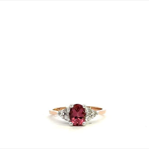 9CT ROSE AND WHITE GOLD TRILOGY RING CLAW SET NATURAL OVAL CUT PINK TOURMALINE AND BRILLIANT CUT DIAMONDS HAND CRAFTED