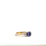 9CT YELLOW AND WHITE GOLD TRILOGY RING CLAW SET OVAL CUT NATURAL TANZANITE AND BRILLIANT CUT DIAMONDS HAND CRAFTED