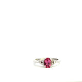 9CT WHITE GOLD TRILOGY RING CLAW SET NATURAL OVAL PINK TOURMALINE AND BRILLIANT CUT DIAMONDS HAND CRAFTED