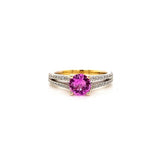 18CT YELLOW AND WHITE GOLD DRESS RING CLAW SET BRILLIANT CUT PINK SAPPHIRE AND BRILLIANT CUT DIAMONDS HAND CRAFTED 