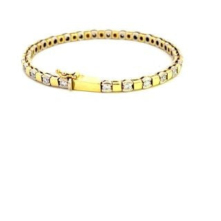 TENNIS BRACELET 18CT YELLOW AND WHITE GOLD BRILLIANT CUT DIAMONDS PART BEZEL SET 