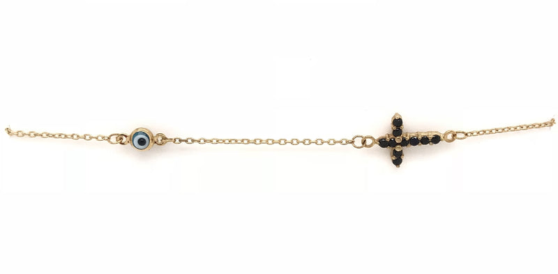9CT YELLOW GOLD SEE THE FAITH BRACELET EYE AND BLACK CROSS IMPORTED