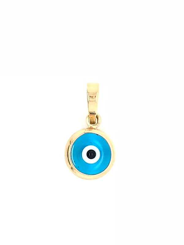 9CT YELLOW GOLD EYE SEE YOU CHARM BLUE EYE GOLD FRAME DOUBLE SIDED ITALIAN MADE