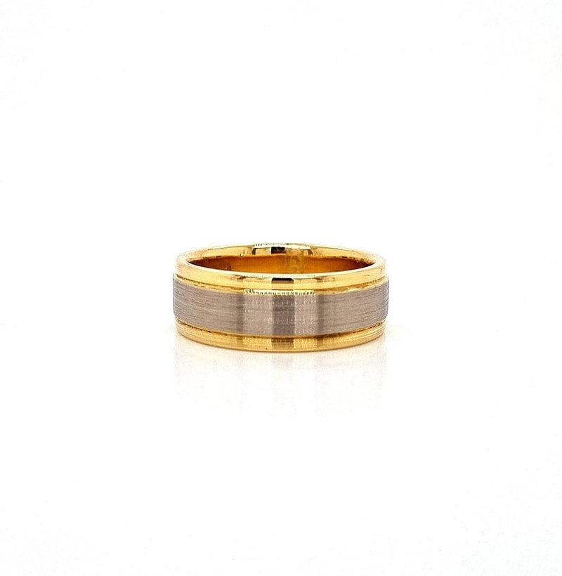 18CT WEDDER YELLOW AND WHITE GOLD GENTS FLAT TOP MATT FINNISH CENTRE AND HALF ROUND SIDES WITH EDGE 8MM WIDE HAND CRAFTED