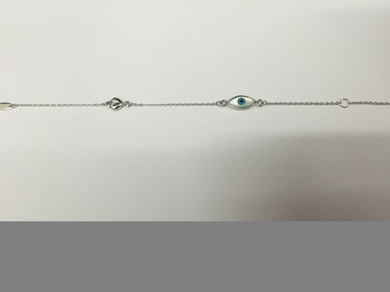 BRACELET 18CT WHITE GOLD TRACE CHAIN FEATURING BUBBLED HEART AND EYE CHARM 18CM LONG WITH ADJUSTER AT 14CM MADE IN ITALY