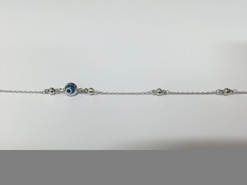BRACELET 18CT WHITE GOLD TRACE CHAIN FEATURING EYE CHARM AND FACETED BALLS 18CM LONG WITH ADJUSTER AT 14CM MADE IN ITALY