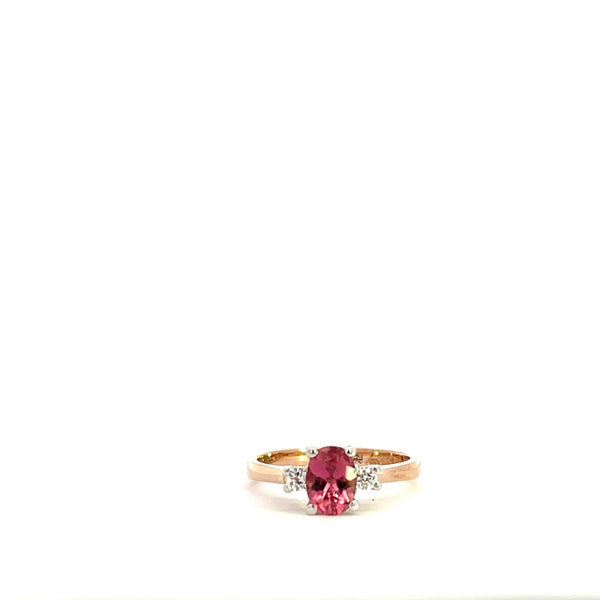 9CT YELLOW AND WHITE GOLD TRILOGY RING CLAW SET NATURAL OVAL PINK TOURMALINE AND BRILLIANT CUT DIAMONDS HAND CRAFTED