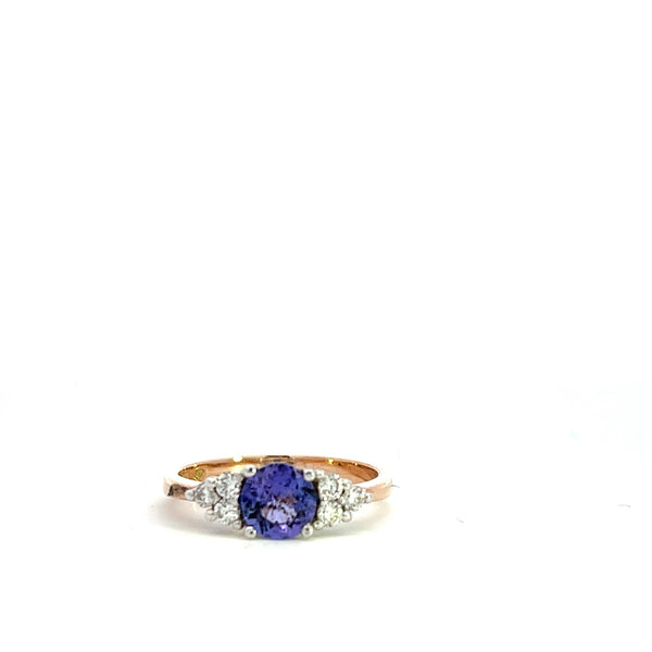 9CT ROSE AND WHITE GOLD TROLIGY RING CLAW SET BRILLIANT CUT NATURAL TANZANITE AND BRILLIANT CUT DIAMONDS HAND CRAFTED 