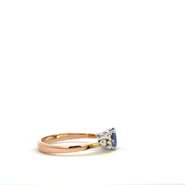 9CT ROSE AND WHITE GOLD TROLIGY RING CLAW SET BRILLIANT CUT NATURAL TANZANITE AND BRILLIANT CUT DIAMONDS HAND CRAFTED 