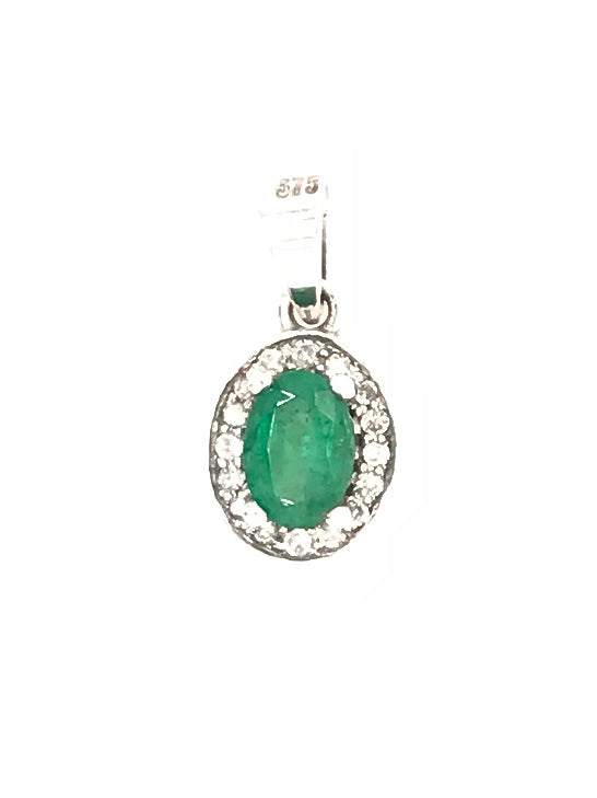 9CT WHITE GOLD HALO PENDANT OVAL CUT ZAMBIAN EMERALD BRILLIANT CUT DIAMONDS CLAW AND PAVE' SET HAND CRAFTED 