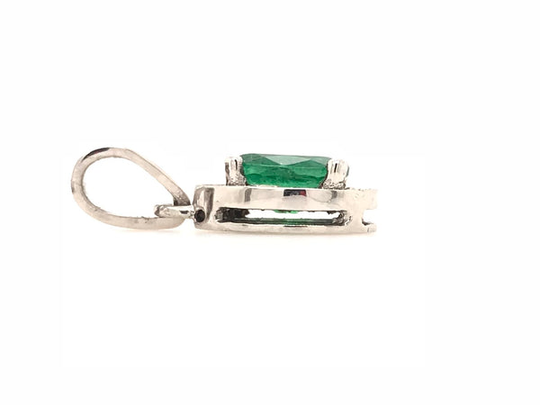 9CT WHITE GOLD HALO PENDANT OVAL CUT ZAMBIAN EMERALD BRILLIANT CUT DIAMONDS CLAW AND PAVE' SET HAND CRAFTED 