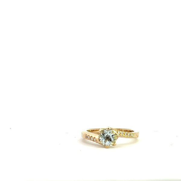 9CT YELLOW GOLD DRESS RING CLAW SET NATURAL BRILLIANT CUT AQUAMARINE AND BRILLIANT CUT DIAMONDS HAND CRAFTED 