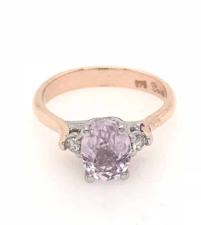 9CT ROSE GOLD TRILOGY DRESS RING CLAW SET OVAL PINK KUNZITE AND BRILLIANT CUT DIAMONDS HAND CRAFTED