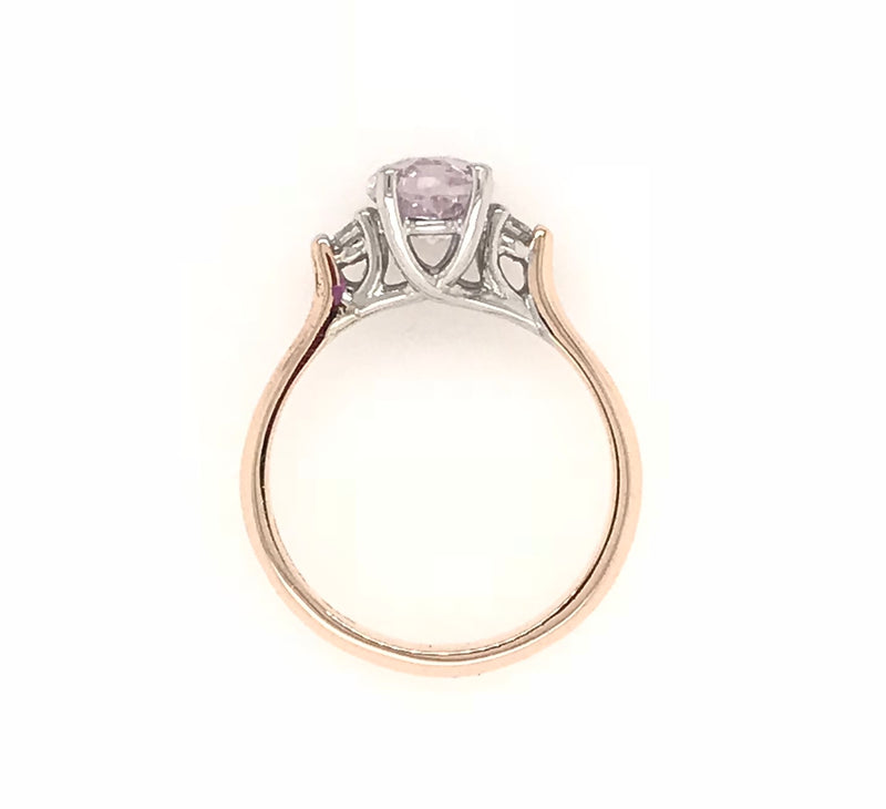 9CT ROSE GOLD TRILOGY DRESS RING CLAW SET OVAL PINK KUNZITE AND BRILLIANT CUT DIAMONDS HAND CRAFTED