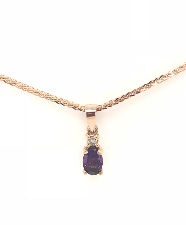 9CT ROSE GOLD PENDANT CLAW SET NATURAL OVAL AMETHYST  AND BRILLIANT CUT DIAMOND HAND CRAFTED
