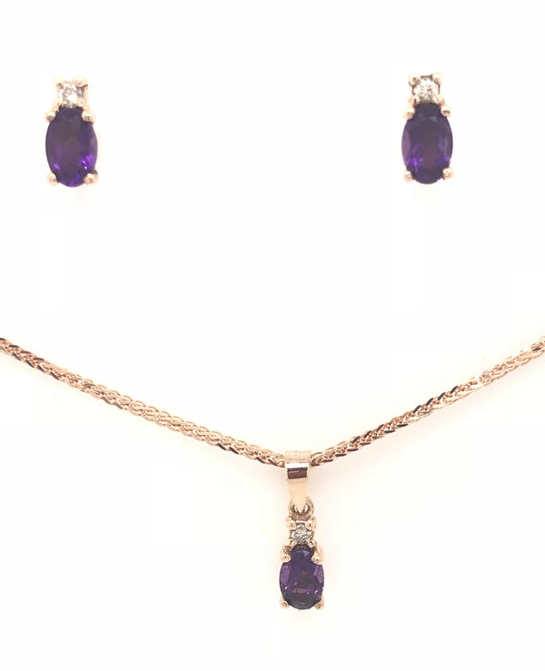 9CT ROSE GOLD PENDANT CLAW SET NATURAL OVAL AMETHYST  AND BRILLIANT CUT DIAMOND HAND CRAFTED