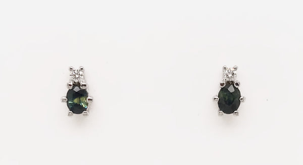 9CT WHITE GOLD STUD EARRINGS CLAW SET NATURAL OVAL SAPPHIRES AND BRILLIANT CUT DIAMONDS HAND CRAFTED