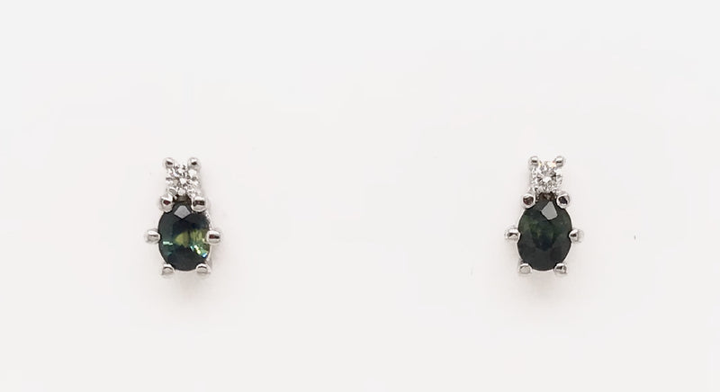 9CT WHITE GOLD STUD EARRINGS CLAW SET NATURAL OVAL SAPPHIRES AND BRILLIANT CUT DIAMONDS HAND CRAFTED