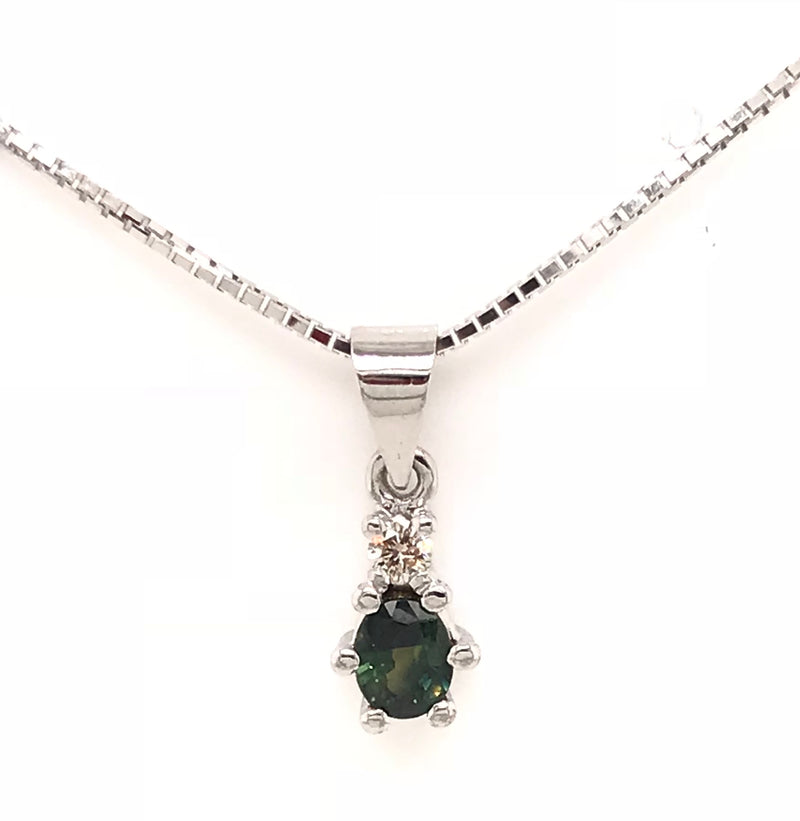9CT WHITE GOLD PENDANT CLAW SET NATURAL OVAL SAPPHIRE AND BRILLIANT CUT DIAMOND HAND CRAFTED