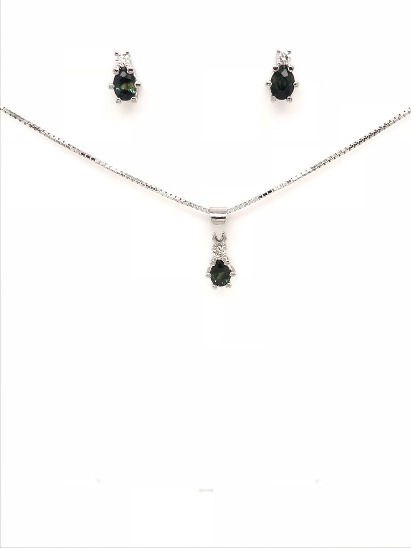 9CT WHITE GOLD PENDANT CLAW SET NATURAL OVAL SAPPHIRE AND BRILLIANT CUT DIAMOND HAND CRAFTED