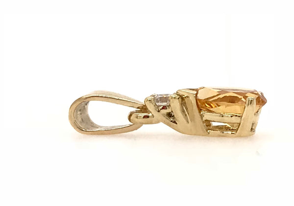 9CT YELLOW GOLD PENDANT CLAW SET NATURAL PEAR SHAPE YELLOW CITRINE AND BRILLIANT CUT DIAMOND HAND CRAFTED