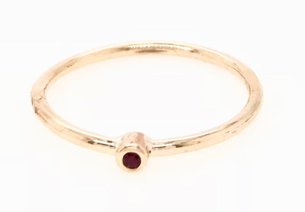 9CT YELLOW GOLD BIRTHSTONE GYPSY SET RING NATURAL BRILLIANT CUT RUBY STACKABLE  CHILD TO ADULT HAND CRAFTED 