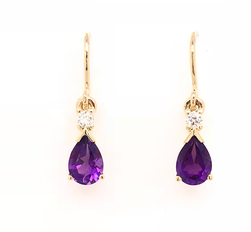 9CT YELLOW GOLD AMETHYST AND DIAMOND SHEPHERD HOOK EARRINGS HAND CRAFTED