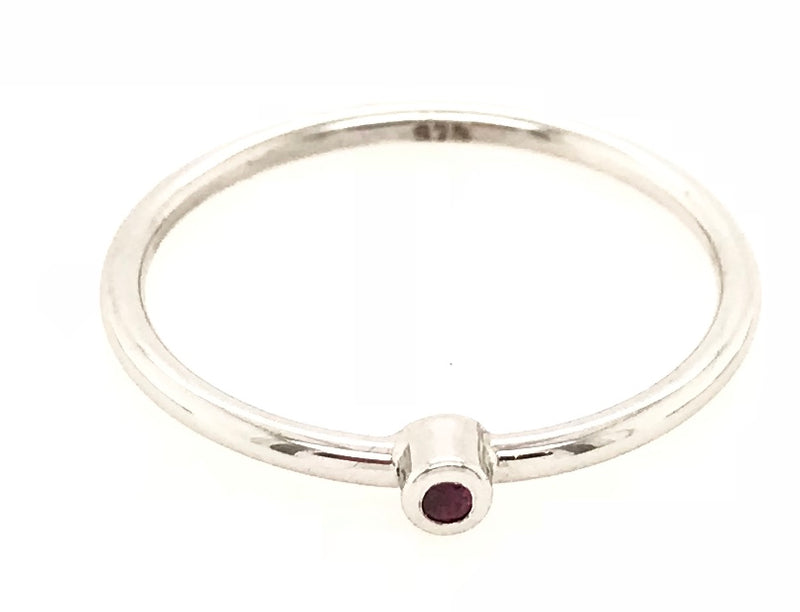 9CT WHITE GOLD BRITHSTONE GYPSY SET RING BRILLIANT CUT NATURAL RUBY STACKABLE CHILD TO ADULT HAND CRAFTED
