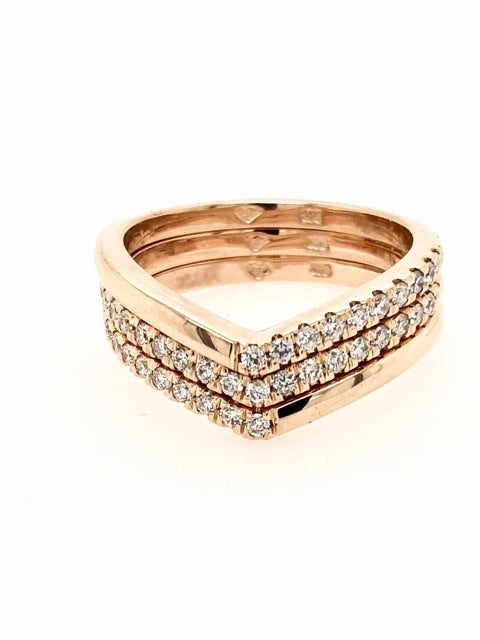 9CT ROSE GOLD SHIMMERING VICTORY V STACKABLE RING CLAW SET BRILLIANT CUT DIAMONDS HAND CRAFTED