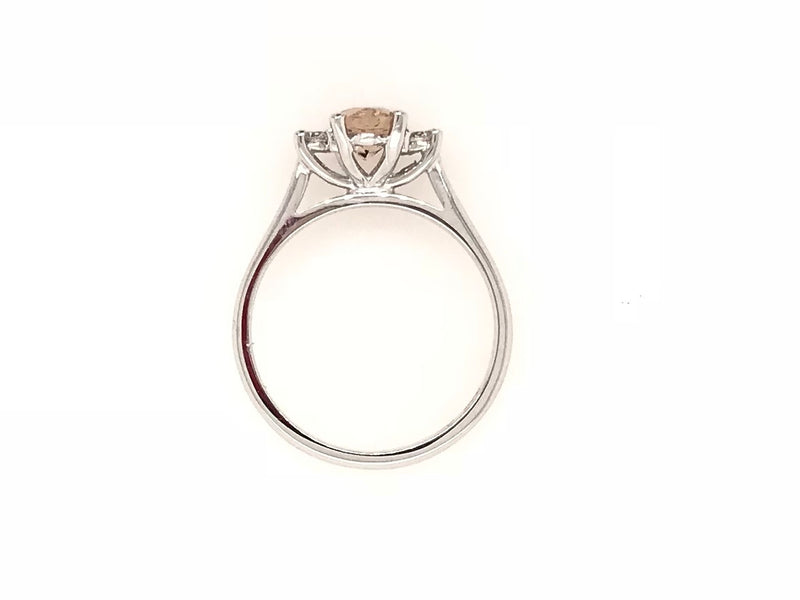 9CT WHITE GOLD TRILOGY RING CLAW SET NATURAL OVAL MORGANITE AND BRILLIANT CUT DIAMONDS HAND CRAFTED