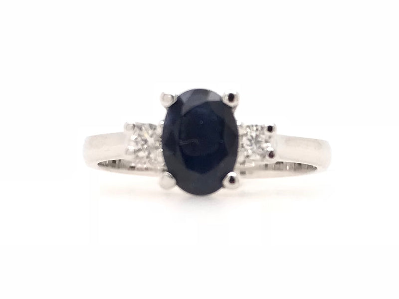 9CT WHITE GOLD TRILOGY RING CLAW SET NATURAL OVAL SAPPHIRE AND BRILLIANT CUT DIAMONDS HAND CRAFTED 