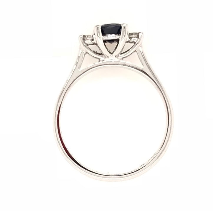 9CT WHITE GOLD TRILOGY RING CLAW SET NATURAL OVAL SAPPHIRE AND BRILLIANT CUT DIAMONDS HAND CRAFTED 