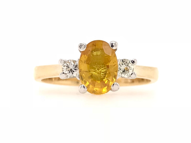 9CT YELLOW AND WHITE GOLD TRILOGY RING CLAW SET OVAL CUT NATURAL YELLOW SAPPHIRE AND BRILLIANT CUT DIAMONDS HAND CRAFTED