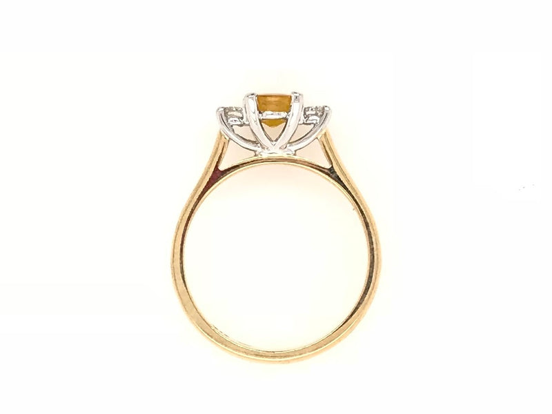 9CT YELLOW AND WHITE GOLD TRILOGY RING CLAW SET OVAL CUT NATURAL YELLOW SAPPHIRE AND BRILLIANT CUT DIAMONDS HAND CRAFTED