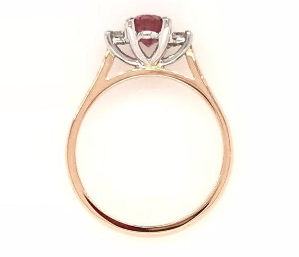 9CT ROSE AND WHITE GOLD TRILOGY RING CLAW SET OVAL CUT NATURAL PINK TOURMALINE AND BRILLIANT CUT DIAMONDS HAND CRAFTED