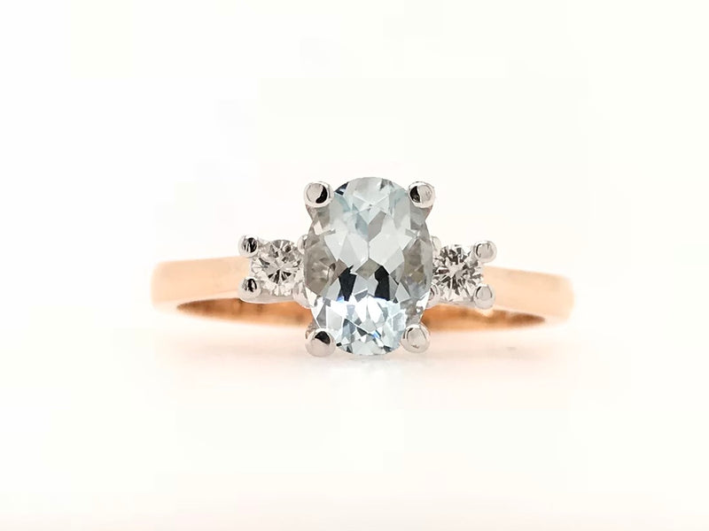 9CT ROSE AND WHITE GOLD TRILOGY RING NATURAL OVAL CUT AQUAMARINE  AND BRILLIANT CUT DIAMONDS HAND CRAFTED