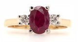 9CT YELLOW AND WHITE GOLD TRILOGY RING CLAW SET NATURAL AFRICAN RUBY AND BRILLIANT CUT DIAMONDS HAND CRAFTED 