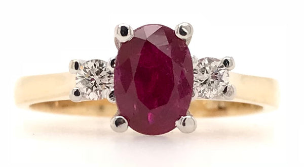 9CT YELLOW AND WHITE GOLD TRILOGY RING CLAW SET NATURAL AFRICAN RUBY AND BRILLIANT CUT DIAMONDS HAND CRAFTED 