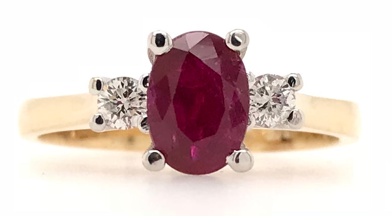 9CT YELLOW AND WHITE GOLD TRILOGY RING CLAW SET NATURAL AFRICAN RUBY AND BRILLIANT CUT DIAMONDS HAND CRAFTED 