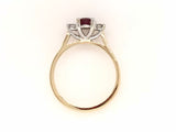 9CT YELLOW AND WHITE GOLD TRILOGY RING CLAW SET NATURAL AFRICAN RUBY AND BRILLIANT CUT DIAMONDS HAND CRAFTED 